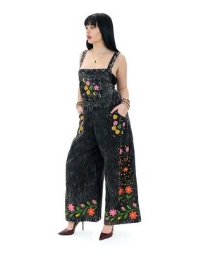 Karma Nepal Crafts Stonewashed Celestial Boho Wideleg Jumpsuit